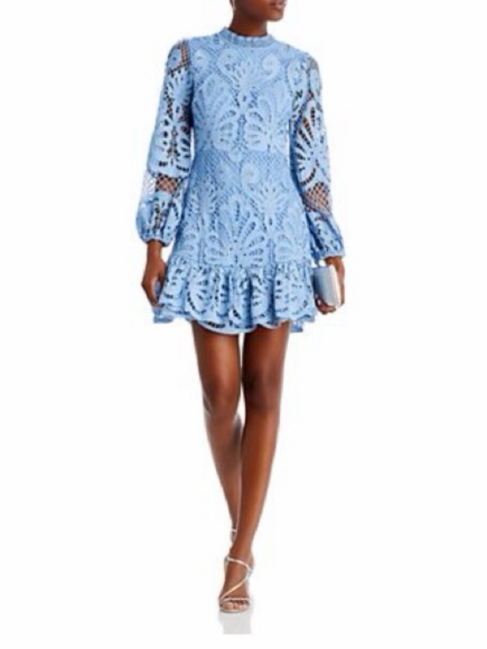 NSR Light Blue Lace Long-Sleeve Ruffle Hem Mini Dress